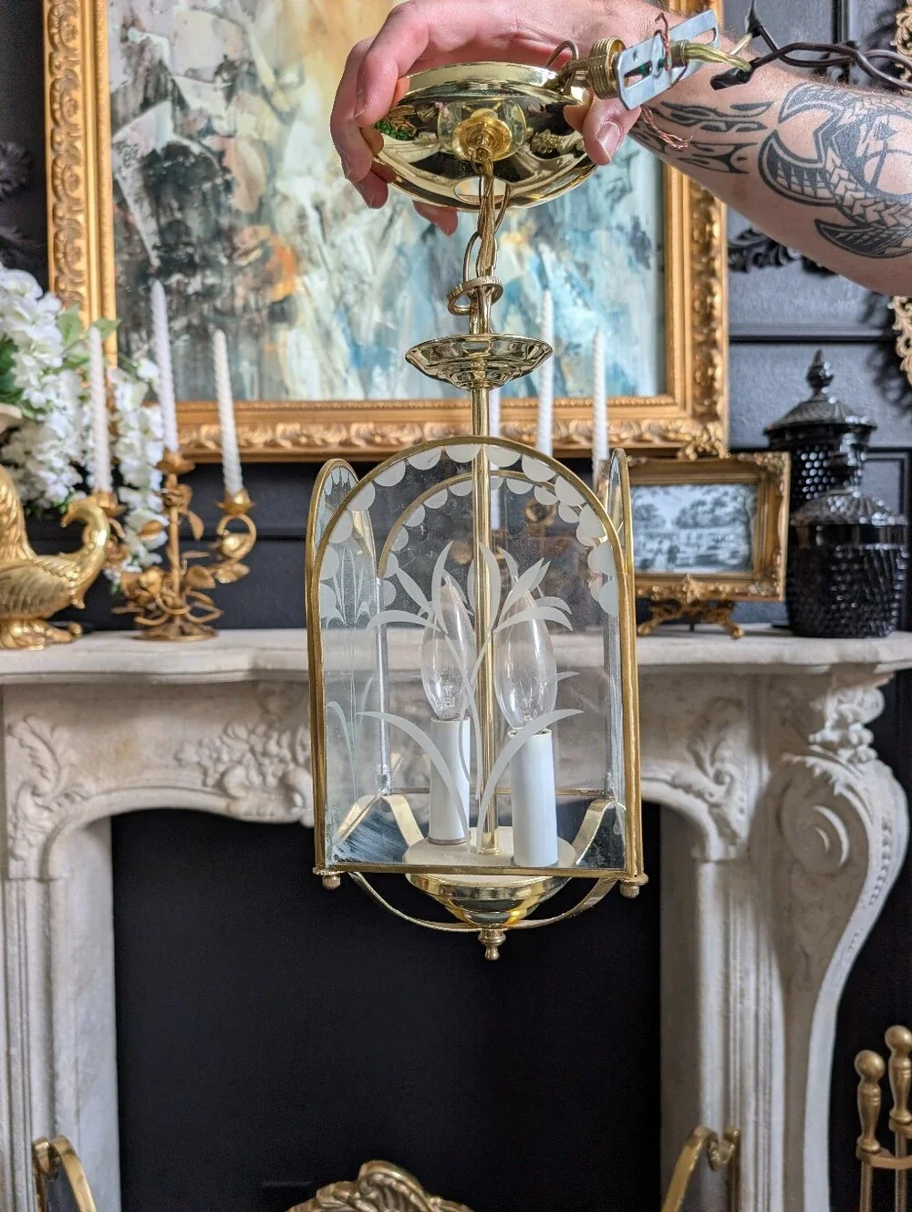 Vintage 1960s Polished Gold Metal Clear Etched Glass Chandelier Pendant Light La